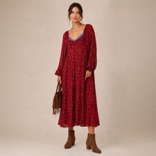 Free People Red Midi Iris Dress Smocked Square Neck Puff Sleeve Floral Red S