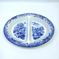 Churchill Currier and Ives Harvest Blue Double Sided Serving Bowl 7.5 x 10 In
