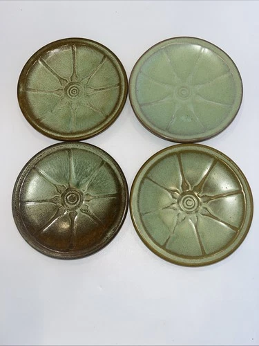Vtg Set Of 4 Frankoma Prairie Green Wagon Wheel 5” Plates Saucers