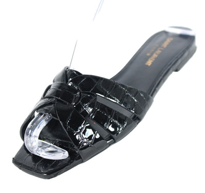 SAINT LAURENT Black Croc-Embossed Patent Leather TRIBUTE Slide Sandals 36.5