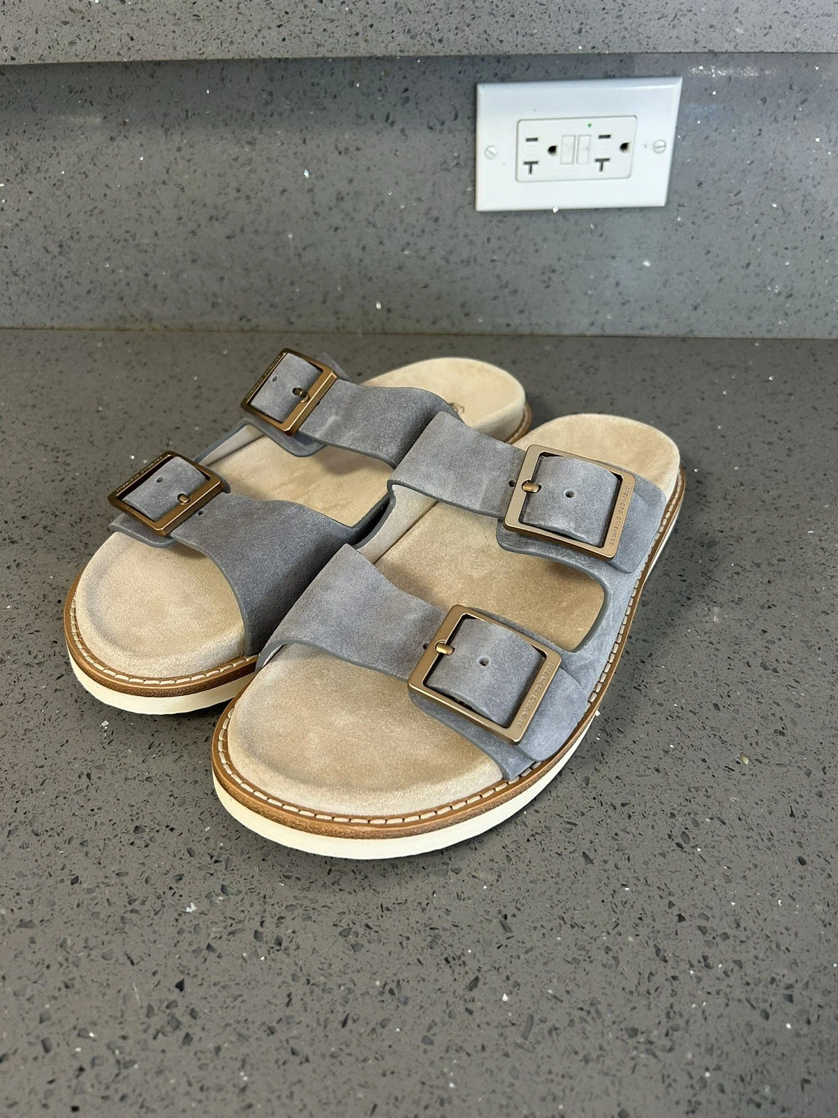 Brunello Cucinelli — BRUNELLO CUCINELLI 900$ Washed Suede Urban Slide Sandals W/o Box- Straps, Buckle