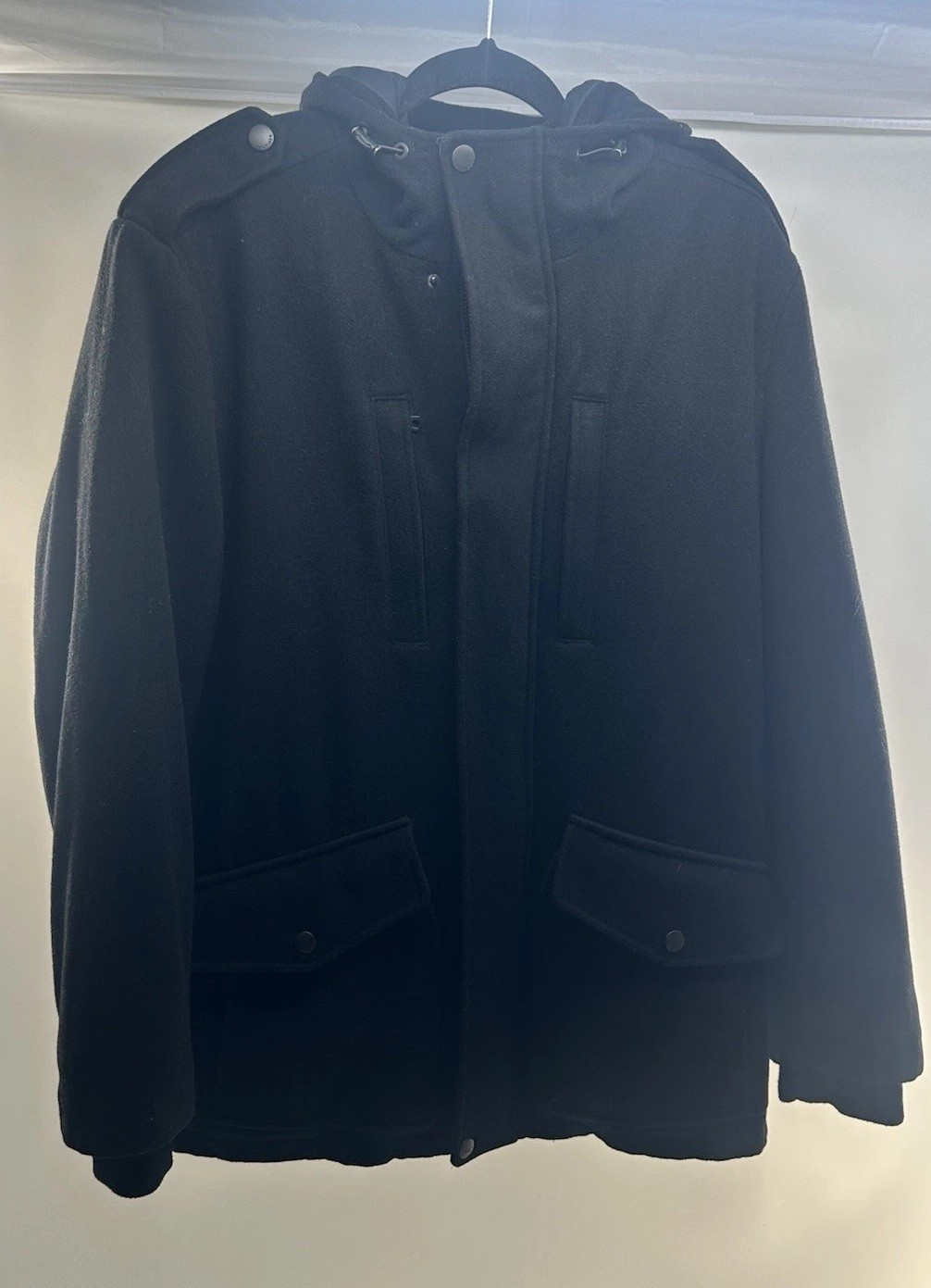 Tommy Hilfiger Mens Black  Peacoat Overcoat Hooded Wool Blend Coat Jacket M