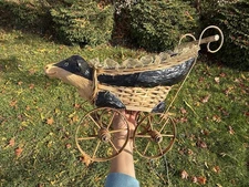 Antique Large Pram Baby Doll Carriage Cow Head and Handle READ *REPAIR TO EAR