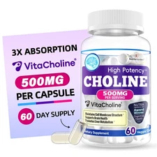 Choline 500mg, brain supplement, memory, focus, attention, gluten free, non-GMO