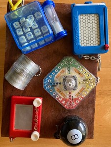 90’s Games Toys DISPLAY Keychains Lot Of 6 Boggle Slinky Magic 8 Ball Trouble +