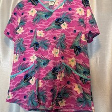 Jurassic World Dominion Pink Peacock Feather Floral Scrub Top V-Neck Size L