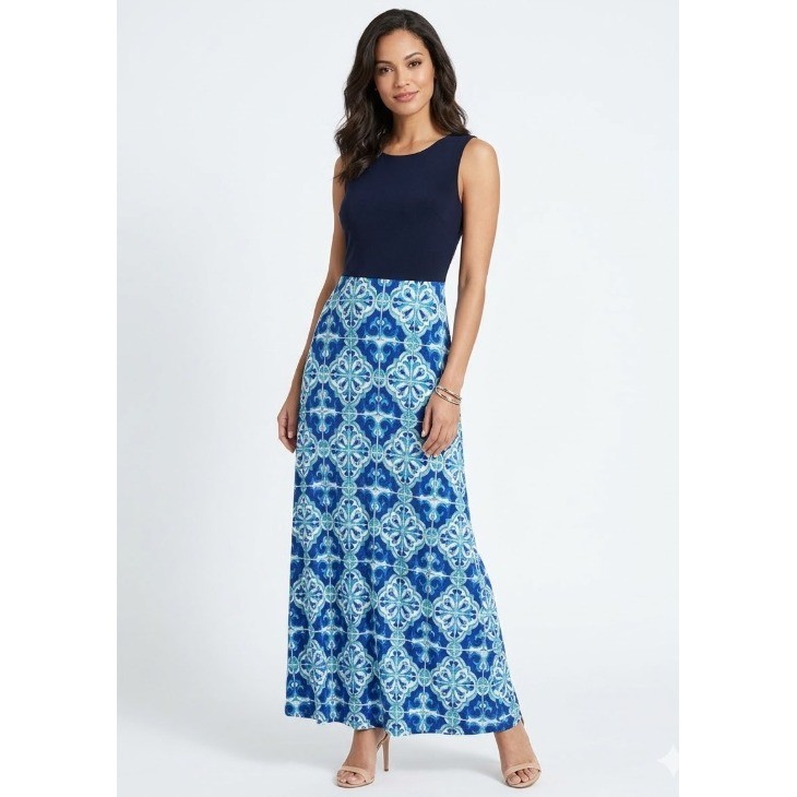 New Enfocus Studio Maxi Dress size 8 Blue Geometric Belted Stretch Vacation