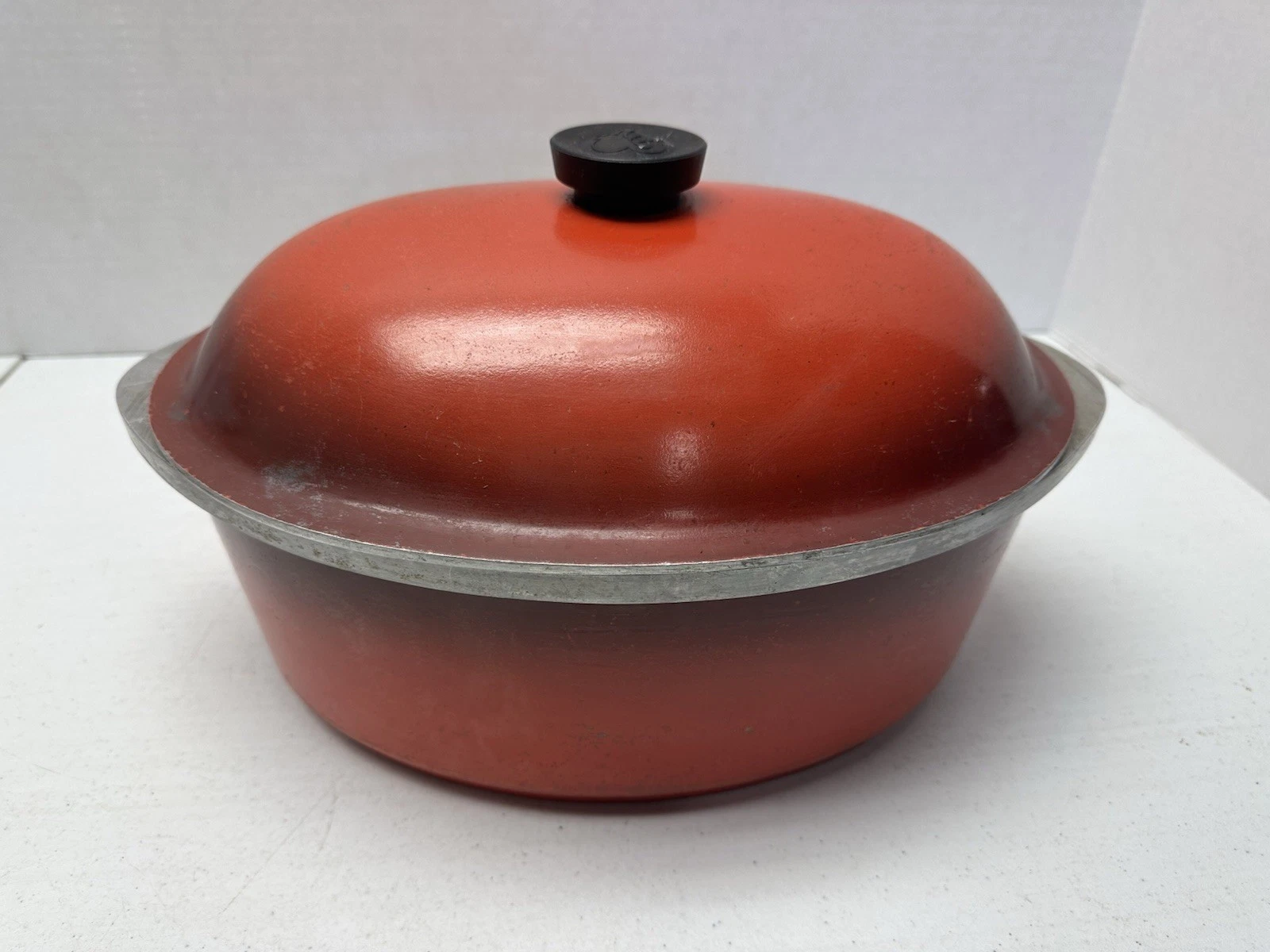 Vtg Club Aluminum Dutch Oven Oval Red Poppy Roaster Pot 15" 6qt W/Lid