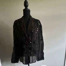 Women's Juniors L Black Sequin Button-Front Blazer Jacket Long Sleeve
