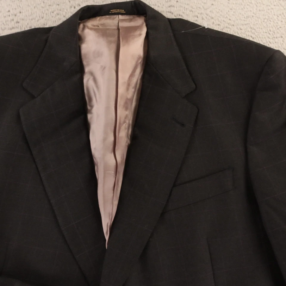 Jaqueta HSM Preta M 42R Preta Roxa Xadrez 100% Lã Sarja Blazer Feito nos EUA - Imagem 2 de 4