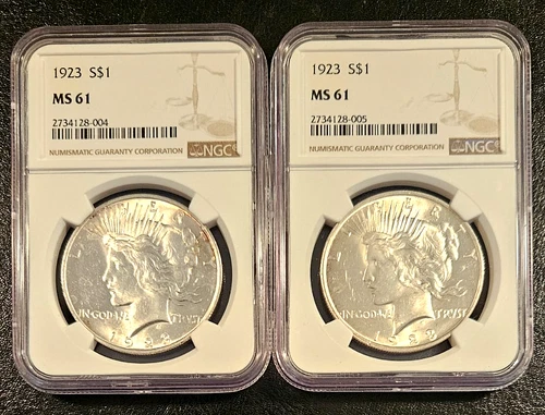 Amazing Set of 2 1923 Peace Silver Dollars Slabbed NGC MS 61 Frosty Mirror-Like
