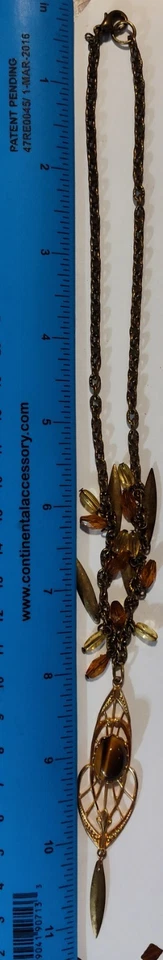 Colar de ouro envelhecido retrô upcycled 16" contas âmbar latão franja olho de tigre Deco - Imagem 3 de 4