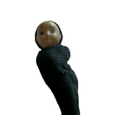 Vintage hooded. Plastic Doll In Black Cloak with bare feet. Approx 10cm Long.
