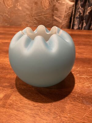 Blue Cased Satin Glass Crimped Rose Bowl Vase Victorian ground