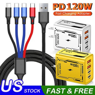 120W 4-Port USB C Fast Wall Charger Block ,4 in 1 Cable For All Cell Phone iPad