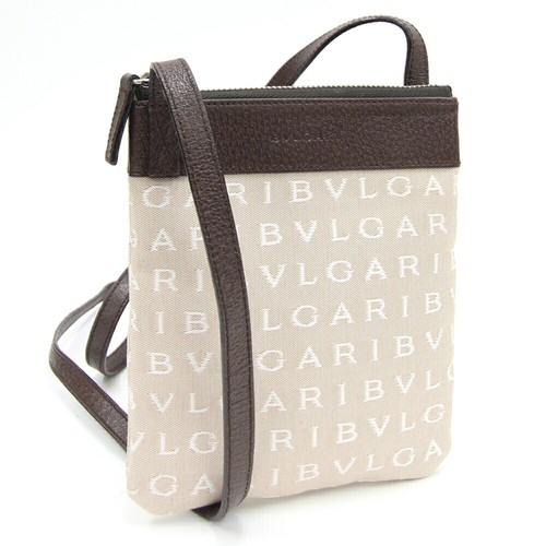 Bvlgari Shoulder Bag Logomania 17165 Beige Dark Brown Canvas Leather Used