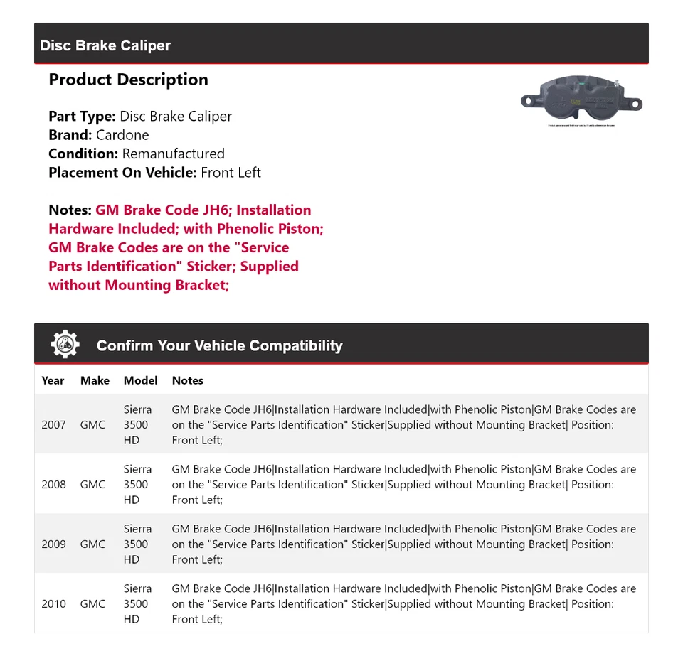 Pinza de freno de disco delantera izquierda Cardone 2008 2009 para GMC Sierra 3500 HD 2007-2010 Foto 2 de 4