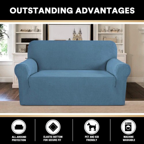 High Stretch Sofa Slipcover - Dusty Blue Protector for Loveseat with Elastic Fit - Picture 7 of 10