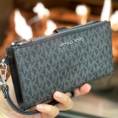 Michael Kors Jet Set Travel Double Zip Wristlet Wallet MK Logo Signature Black - Picture 7 of 10