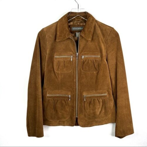 Vintage Banana Republic 100% Suede Leather Jacket Tan Brown Zip Up Collared  2