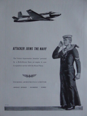 11/1951 PUB VICKERS ARMSTRONGS SUPERMARINE ATTACKER ROYAL NAVY ORIGINAL AD