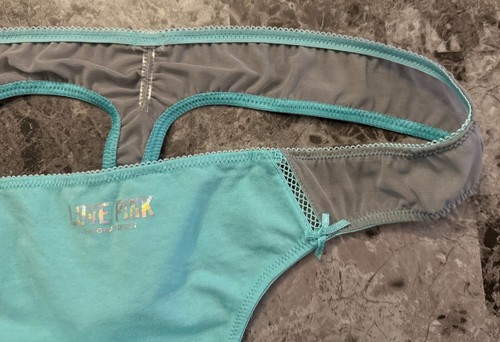 NWT VICTORIA'S SECRET PINK L AQUA GRAY MESH NETTED VINTAGE RARE THONG PANTIES - Picture 2 of 4