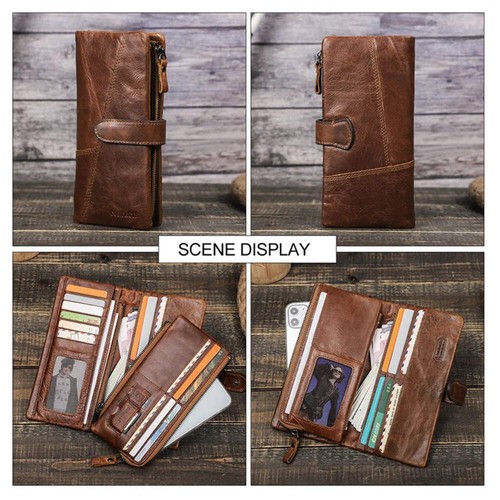 Genuine Leather Men's Long Wallet with Phone Pocket & Zipper Coin Pouch - Picture 12 of 28