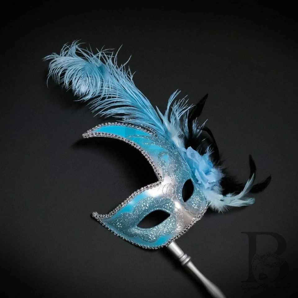 Holding Stick Party Mask | Feather Masquerade Mask Silver Mint Blue M6131 - Image 4 of 4