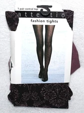 Attention Purple Floral Control Top Fashion Tights 1 Pair - Regular/Plus