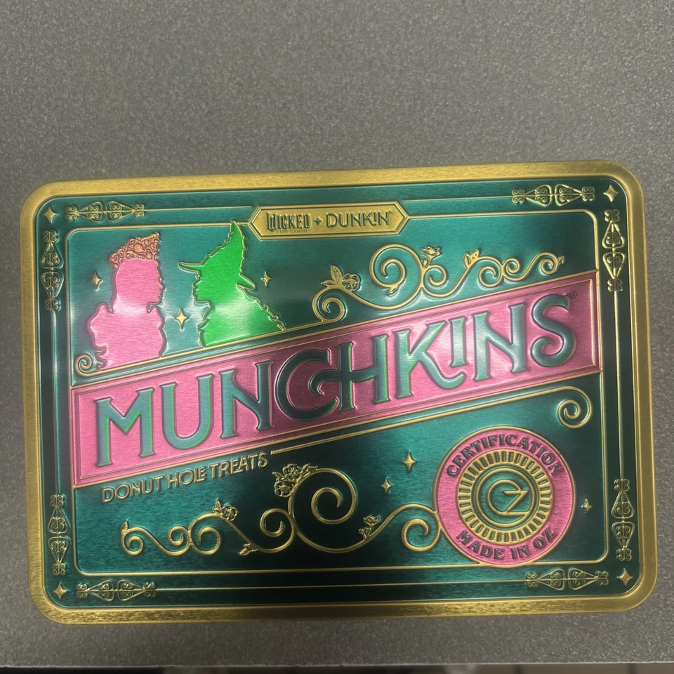 Very Rare Dunkin WICKED Munchkin Tin Glinda & Elphaba Pink & Green Shipping Now - Image 2 of 2