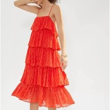 ANTHROPOLOGIE Tiered Ruffle Midi Dress Coral Metallic Gold Sz M NWT $180 {I40}