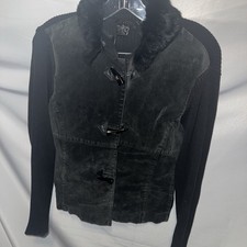 Escapade Women M Black Suede Knit Jacket Sweater Detachable Rabbit Fur Collar