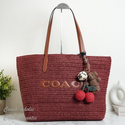 COACH CES20 Large City Tote Bag With Charms in Straw & Smooth Leather Russet NWT