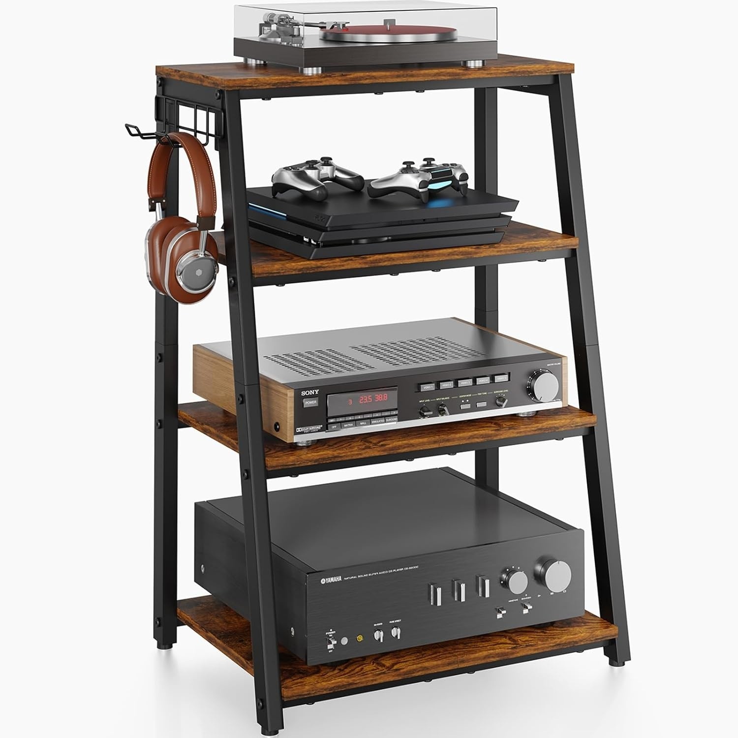 4-Tier AV Media Stand Stereo Cabinet Audio Rack with 2 Hooks Holders, Heavy Duty