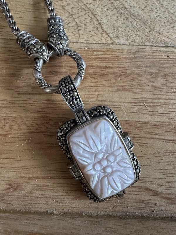 Sterling Silver Marcasite Carved Mother Of Pearl Necklace Removable Pendant