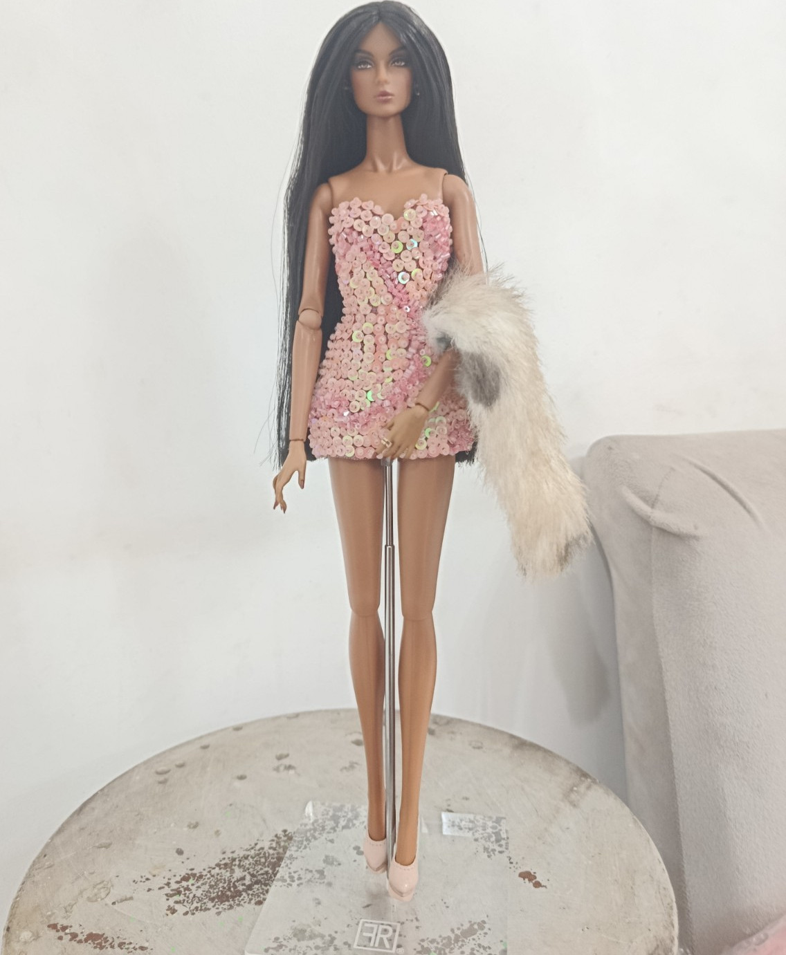 Lilith Blair nuface  Doll 12in Pink Dress Faux Fur Shawl Black Hair