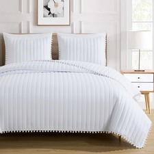 Chezmoi Collection Iris 3-Piece Washed Microfiber Quilt Set Pom Pom Trim Soft
