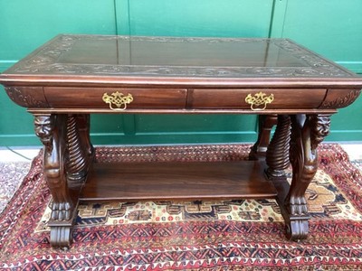 Antique  R J Horner Victorian Lion Griffin  Gothic Desk  19th c  mahogany