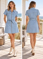Mango MNG Denim Shirt Dress Womens 8 Large 100% Cotton Blue Belted Zip Front SS