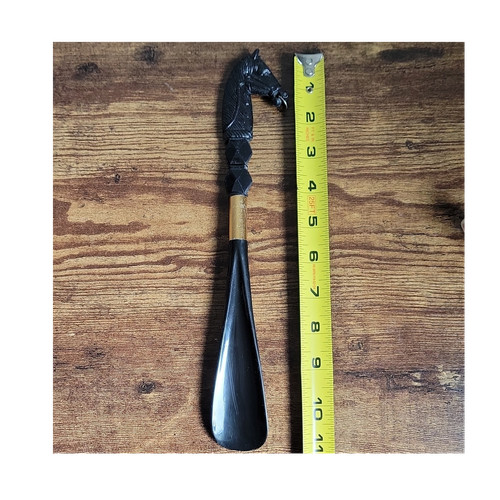 Vintage Black Shoe Horn with Horse Head Handle Gold Accents 10 Inch Decorative