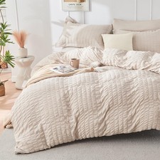 Beige Duvet Cover Full Size, Ultra Soft 3-Piece Seersucker Duvet Cover Set wi...