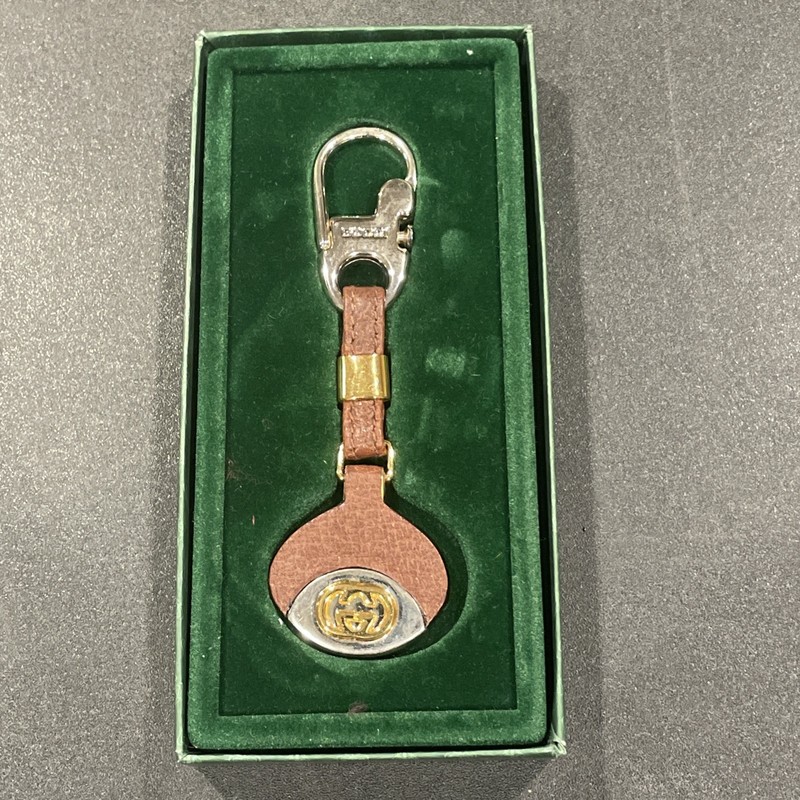 GUCCI Keyring Chain Gold Silver Brown Leather Bag charm Vintage 