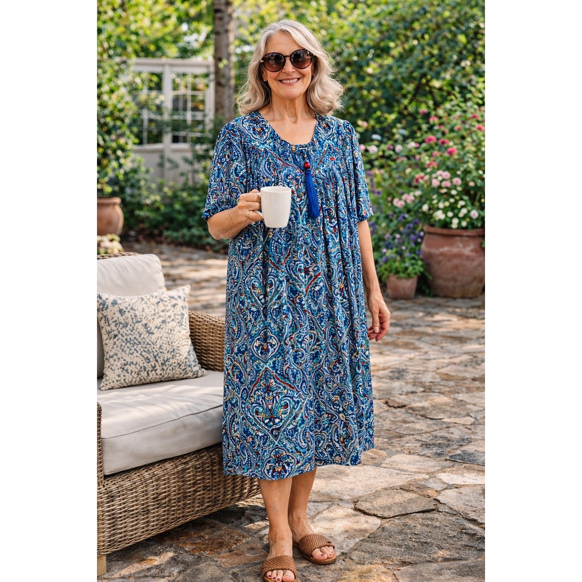 knee length dresses for ladies Boho Midi Dress, Sundress, Kaftan Dress, Indian Flower in Navy, Black / S main image 1