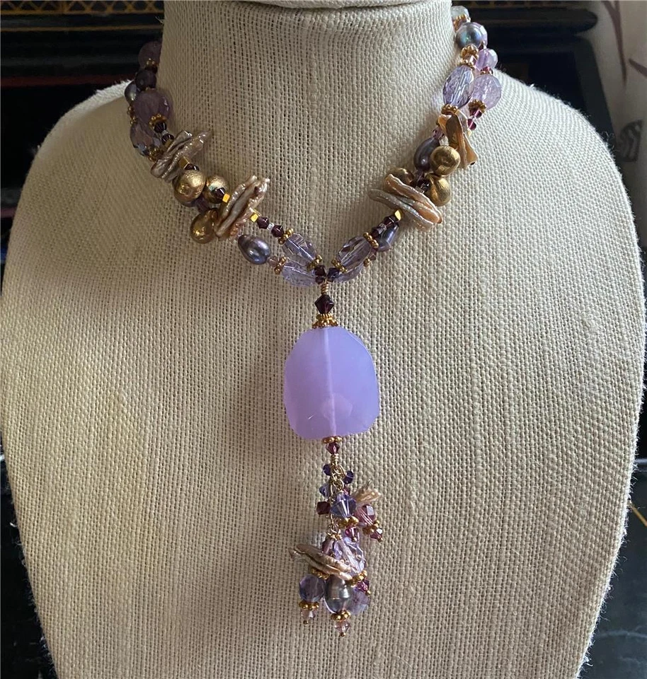 Collar Gargantilla Colgante Borla Piedras Púrpura Lavanda, Cuentas, Cristales, Perlas Foto 2 de 4