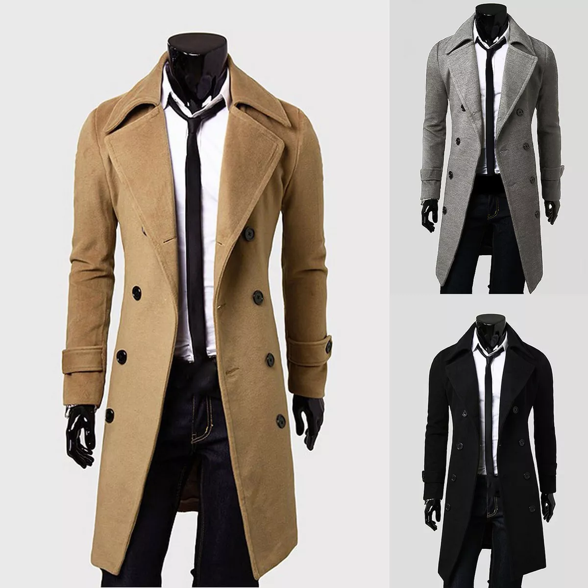 Mens Trench Coat Double Breasted Formal Office Dress Long Winter Jacket  Overcoat