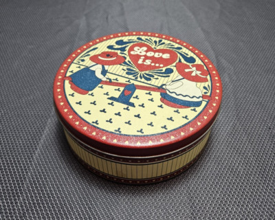 Vintage Round Tin Love Is Primitive Americana Hearts Container