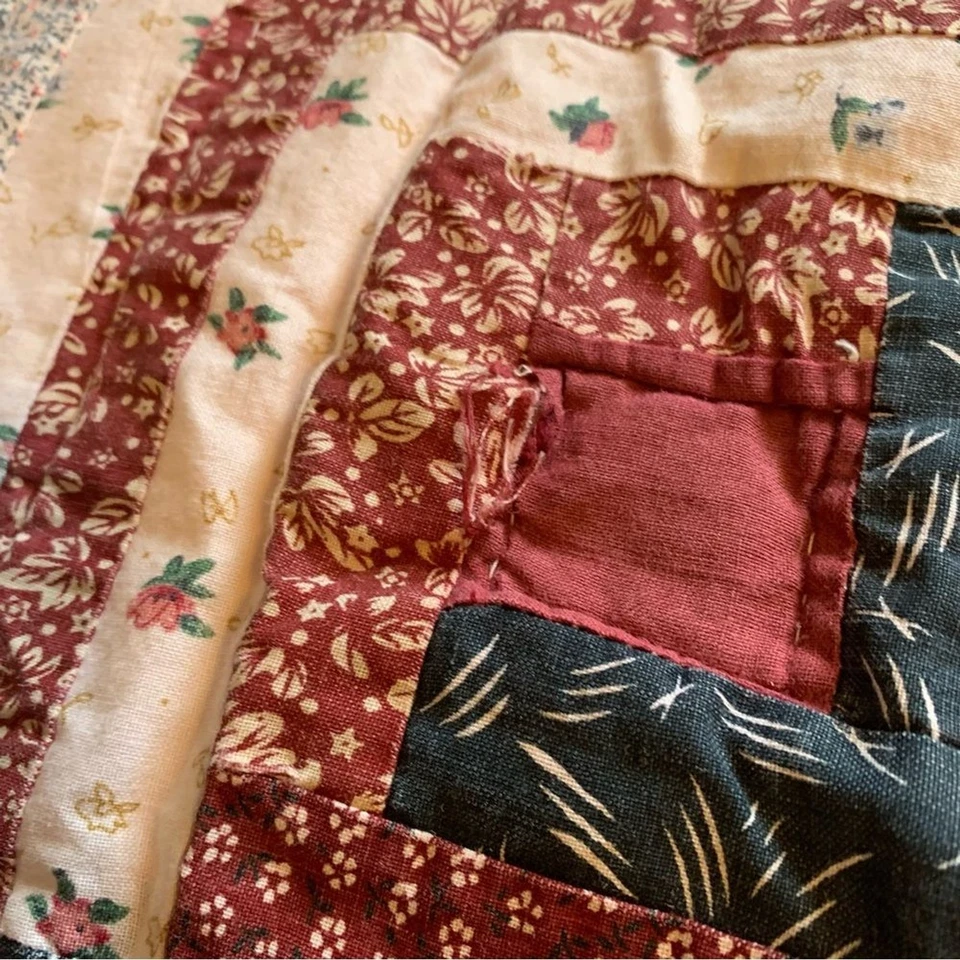 Vintage Handmade Patchwork Quilt Log Cabin Multicolor Imperfect Flawed 83.5x82.5 - Image 4 of 4