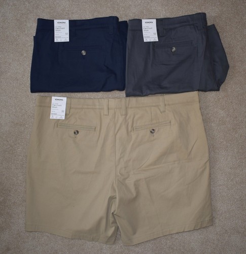 3 New Mens Sonoma Shorts 52 Khaki Gray Blue Flexwear Flat Front Cotton Stretch - Picture 3 of 3