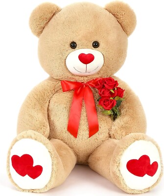 Giant Teddy Bear Stuffed Animal 4Ft - Big Teddy Bear with Love Red Heart - Brown