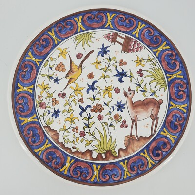 Modi Conimbriga Hand Painted 11 3/4'' Plate Sec XVII Brasil Signed 1988 deer bird